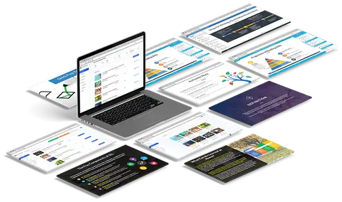 Laptop showing the Model Teaching course dashboard, surrounded by course lesson pages